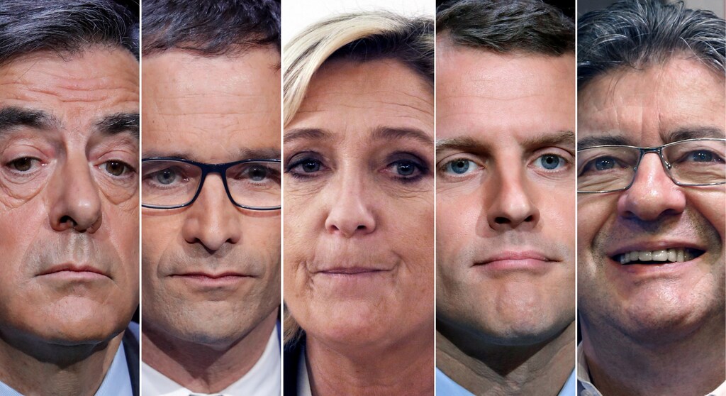 A combination picture shows five candidates for the French 2017 presidential election, from L-R, Francois Fillon, the Republicans political party candidate, Benoit Hamon, French Socialist party candidate, Marine Le Pen, French National Front (FN) political party leader, Emmanuel Macron, head of the political movement En Marche ! (Onwards !), Jean-Luc Melenchon, candidate of the French far-left Parti de Gauche, in Paris, France. REUTERS/Charles Platiau/File Photos - RTX32XU6