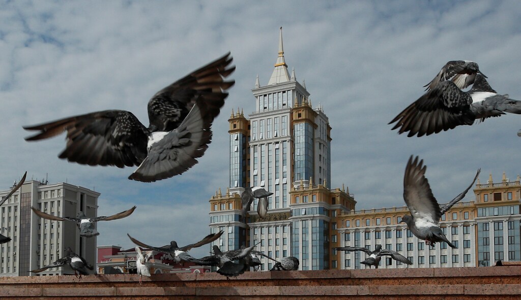 Pigeons fly past Mordovian State University at the Millennium Square in Saransk, Russia August 25, 2017. REUTERS/Maxim Shemetov - RC1D0E942570