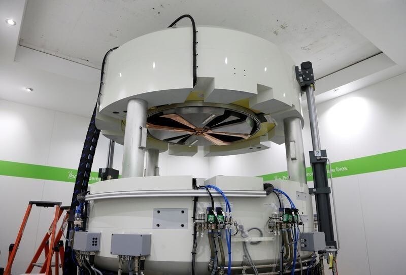 A cyclotrone is pictured inside a radiation bunker at the headquarters of Belgian group IBA, which makes proton therapy machines for the treatment of cancer, in Louvain-la-Neuve, Belgium, July 22, 2016. Picture taken July 22, 2016.