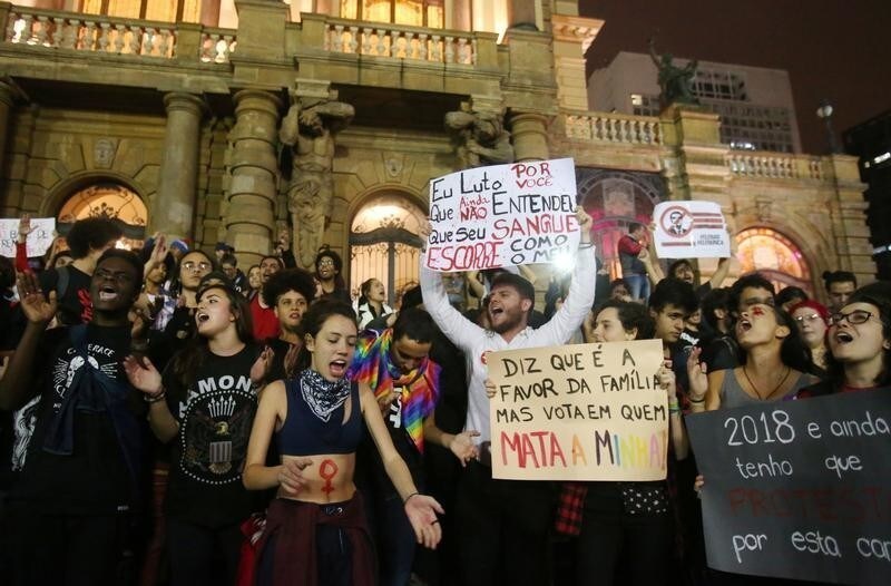 Demonstrators shout slogans against Jair Bolsonaro, far-right lawmaker and presidential candidate of the Social Liberal Party (PSL), during a protest called "against fascism" in Sao Paulo, Brazil October 11, 2018.
