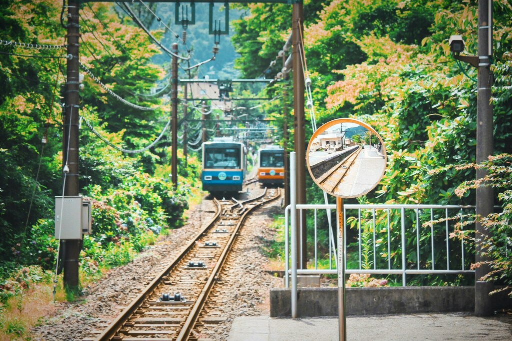 Two trains travelling down parallel tracks in Hakone, Kanagawa, Japan: Local railways connect communities in Japan and help residents carry out their lives.