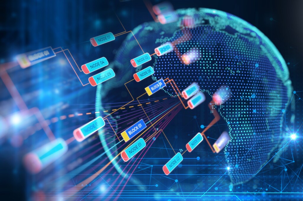 Renderización en 3d de la Tierra, tecnología futurista, fondo abstracto, concepto de blockchain