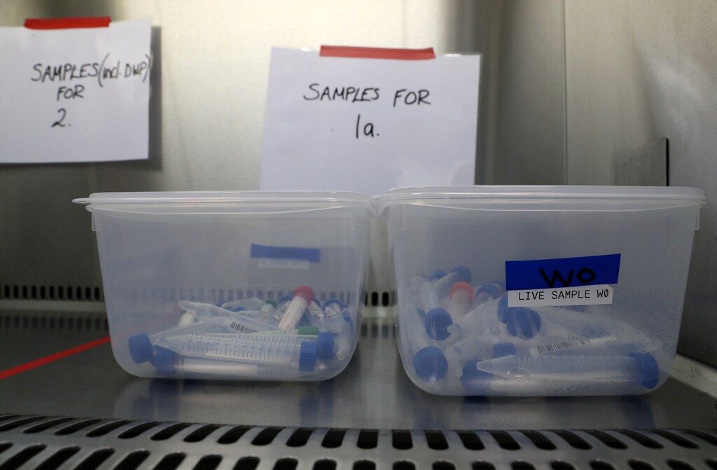 Samples sit in a container at the new COVID-19 testing lab at Queen Elizabeth University Hospital, amid the coronavirus disease epidemic in Glasgow, Britain April 22, 2020. Andrew Milligan/Pool via REUTERS - RC2Q9G9KI60D