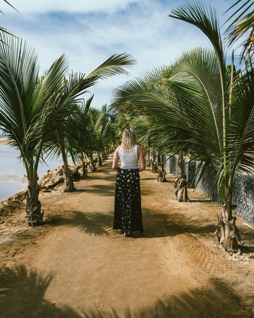 Woman in maxi skirt on beach stretch next to the sea, with palm trees: Digital nomads present a feasible alternative to seasonal work