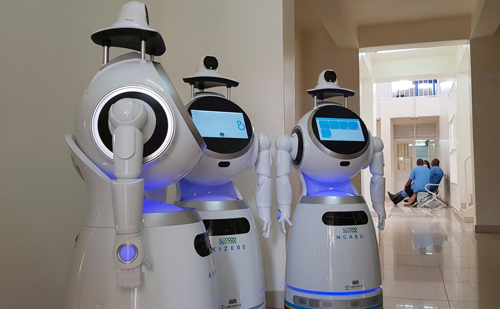 High-tech robots developed by Zora Bots, a Belgium-based company, and donated by the United Nations Development Program (UNDP) are seen during a demonstration at the Kanyinya treatment centre that treats coronavirus disease (COVID-19) patients, in Kigali, Rwanda May 29, 2020. Picture taken May 29, 2020. REUTERS/Clement Uwiringiyimana - RC2XYG9MFCHZ