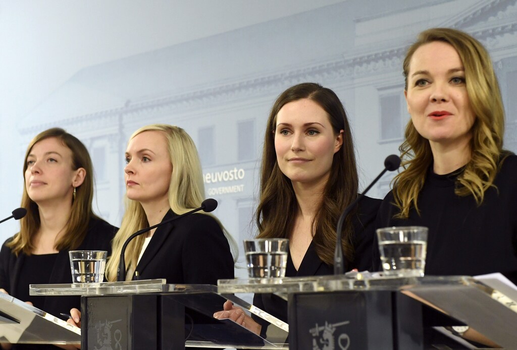 Minister of Education Li Andersson, Minister of Interior Maria Ohisalo, Prime Minister Sanna Marin and Minister of Finance Katri Kulmuni attend a news conference of the new Finnish government in Helsinki, Finland December 10, 2019. Lehtikuva/Vesa Moilanen via REUTERS ATTENTION EDITORS - THIS IMAGE WAS PROVIDED BY A THIRD PARTY. NO THIRD PARTY SALES. NOT FOR USE BY REUTERS THIRD PARTY DISTRIBUTORS. FINLAND OUT. NO COMMERCIAL OR EDITORIAL SALES IN FINLAND. - RC2GSD9FVL5N