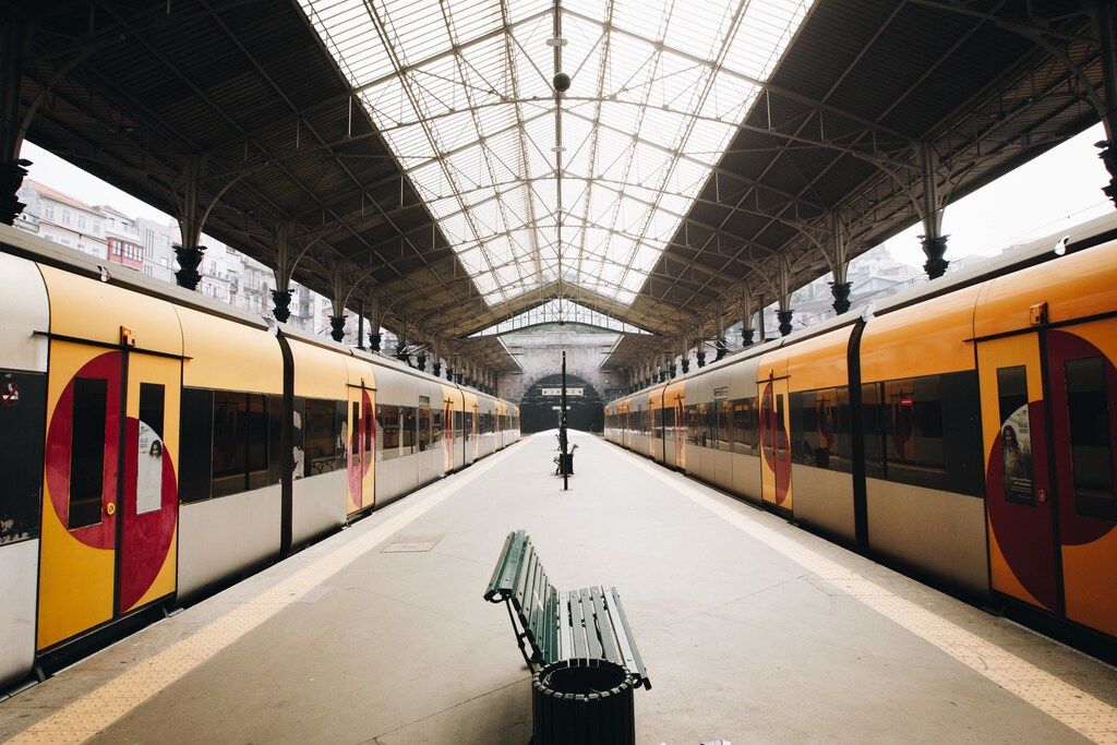 Trains at a station.
