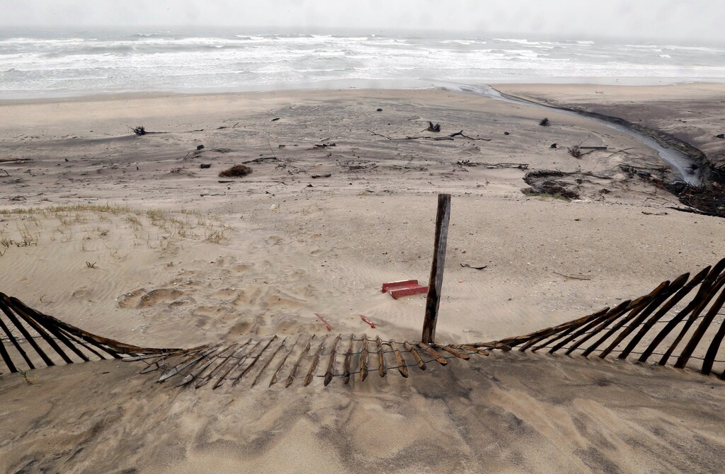 A view shows a damaged sand dune from erosion of the Atlantic Ocean coastline in Soulac, France.