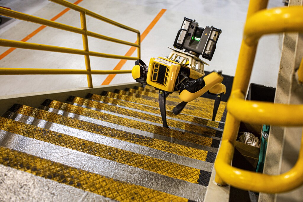 DEARBORN, MI. July 27, 2020 â Fluffy looks at Scouter, an Autonomous Mobile Robot that can autonomously navigate facilities while scanning and capturing 3-D point clouds to generate a CAD of the facility. If an area is too tight for Scouter, Fluffy comes to the rescue. Ford is tapping four-legged robots at its Van Dyke Transmission Plant in early August to laser scan the plant, helping engineers update the original computer-aided design. These robots can be deployed into tough-to-reach areas within the plant to scan the area with laser scanners and high-definition cameras, collecting data used to retool plants, saving Ford engineers time and money. Ford is leasing two robots, nicknamed Fluffy and Spot, from Boston Dynamics â a company known for building sophisticated mobile robots.