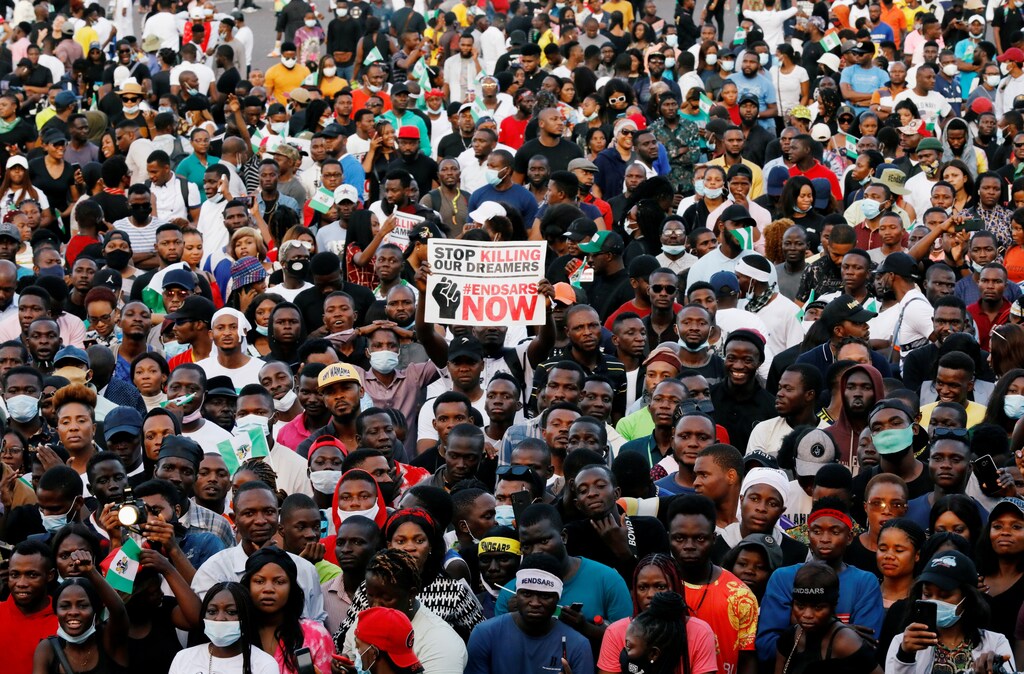 Demonstrators gather during a protest over alleged police brutality in Lagos, Nigeria October 17, 2020.