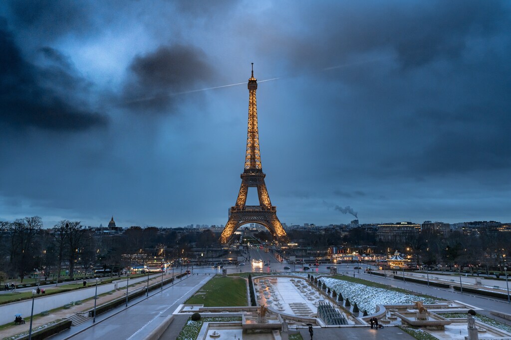 The Eiffel tower is seen in Paris, pictured at night.
