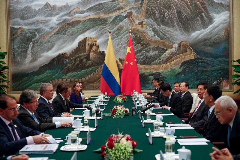 Colombia's President Ivan Duque and Chinese National People's Congress Standing Committee Chairman Li Zhanshu attend a bilateral meeting at the Great Hall of the People in Beijing, China, July 31, 2019. Andy Wong/Pool via REUTERS - RC16D58CA7D0