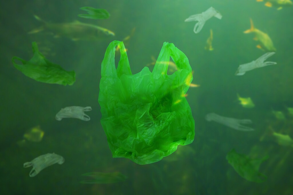 Plastic bag pollution underwater ocean background.