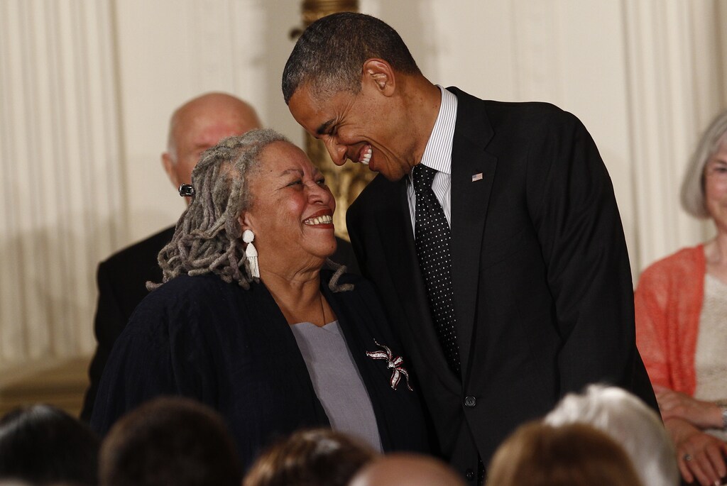 Novelist Toni Morrison smiles with U.S. President Barack Obama as he prepares to award her a 2012 Presidential Medal of Freedom during a ceremony in the East Room of the White House in Washington, May 29, 2012. REUTERS/Kevin Lamarque (UNITED STATES - Tags: POLITICS SOCIETY PROFILE) - LM2E85T1O8001