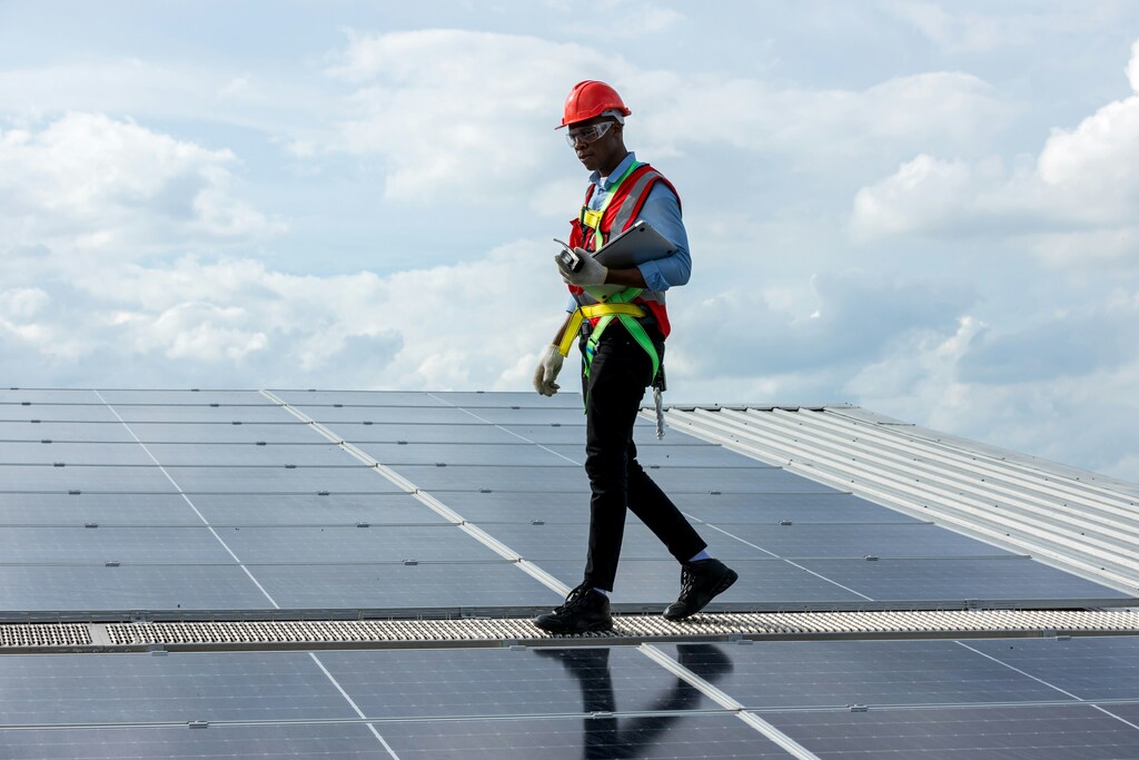 Un hombre camina al lado de paneles solares.