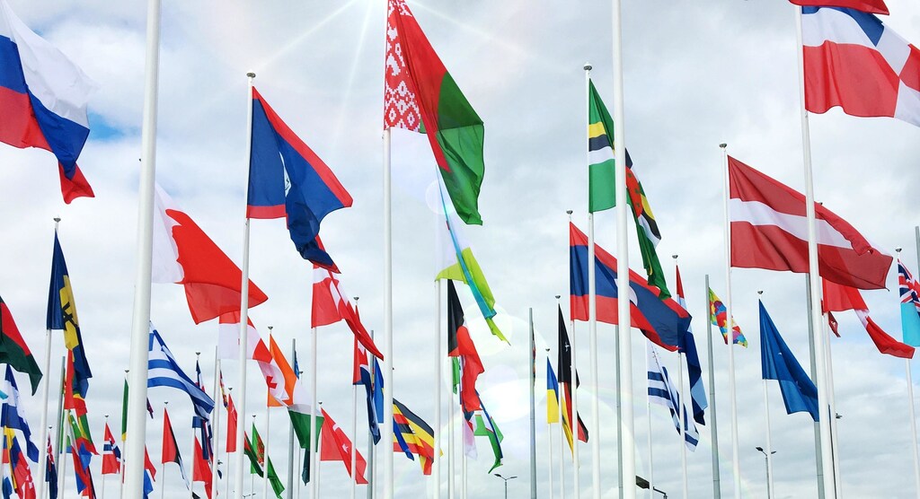 Flags from different nations on poles