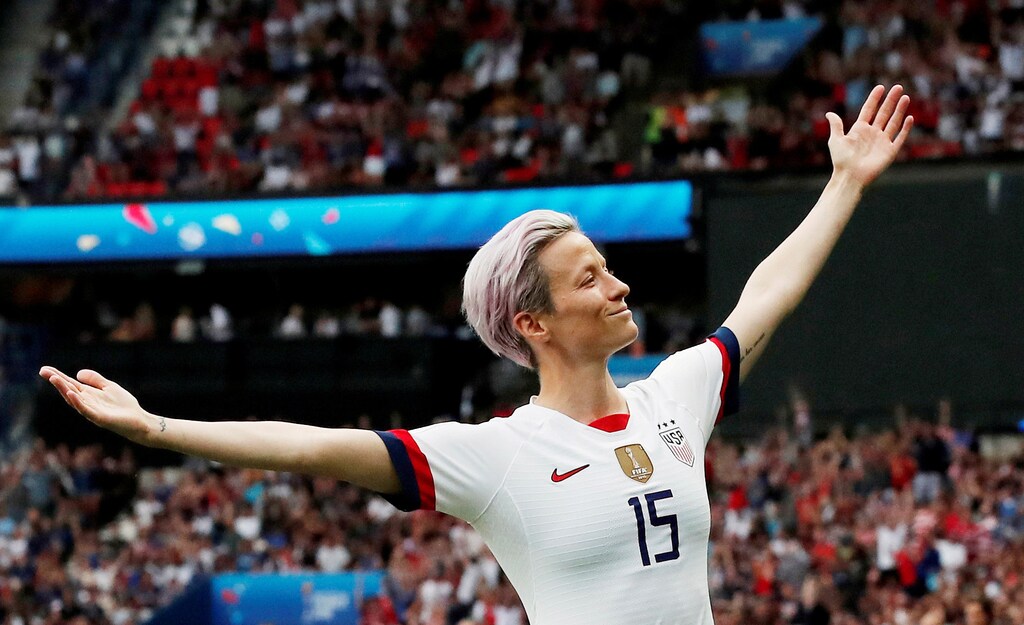 Megan Rapinoe of the U.S. celebrates scoring their first goal during the France v United States game during the Women's World Cup Quarter Final at Parc des Princes, Paris, France June 28, 2019. REUTERS/Benoit Tessier SEARCH "POY SPORTS" FOR THIS STORY. SEARCH "REUTERS POY" FOR ALL BEST OF 2019 PACKAGES. TPX IMAGES OF THE DAY - RC2KWD9JYL08
