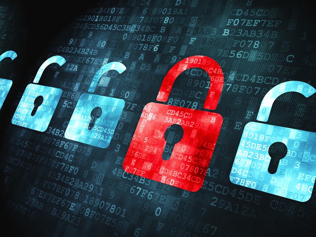 Concepto de seguridad: icono de candado pixelado sobre un fondo digital, renderizado en 3D; crimen financiero.