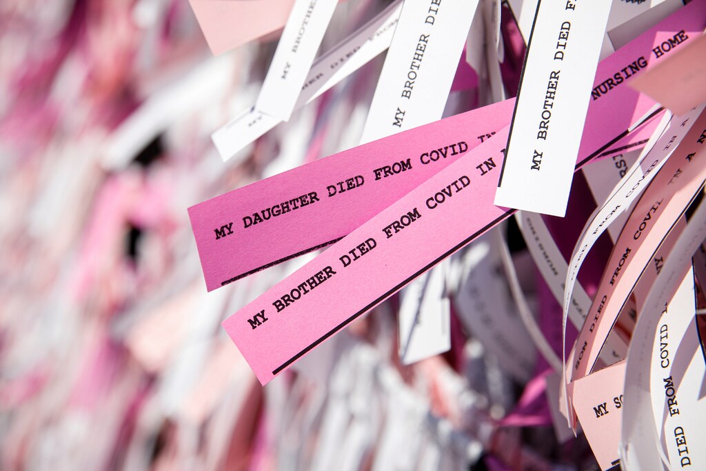 Messages are seen on ribbons as part of the "Naming the Lost Memorials," as the U.S. deaths from the coronavirus disease