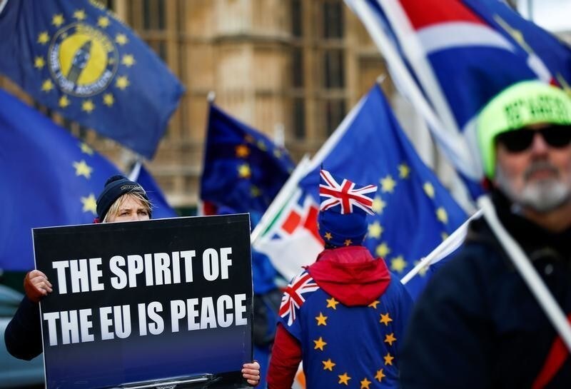 Anti-Brexit protestors stand outside the Houses of Parliament in London, Britain February 7, 2019. REUTERS/Henry Nicholls - RC13ED781F20