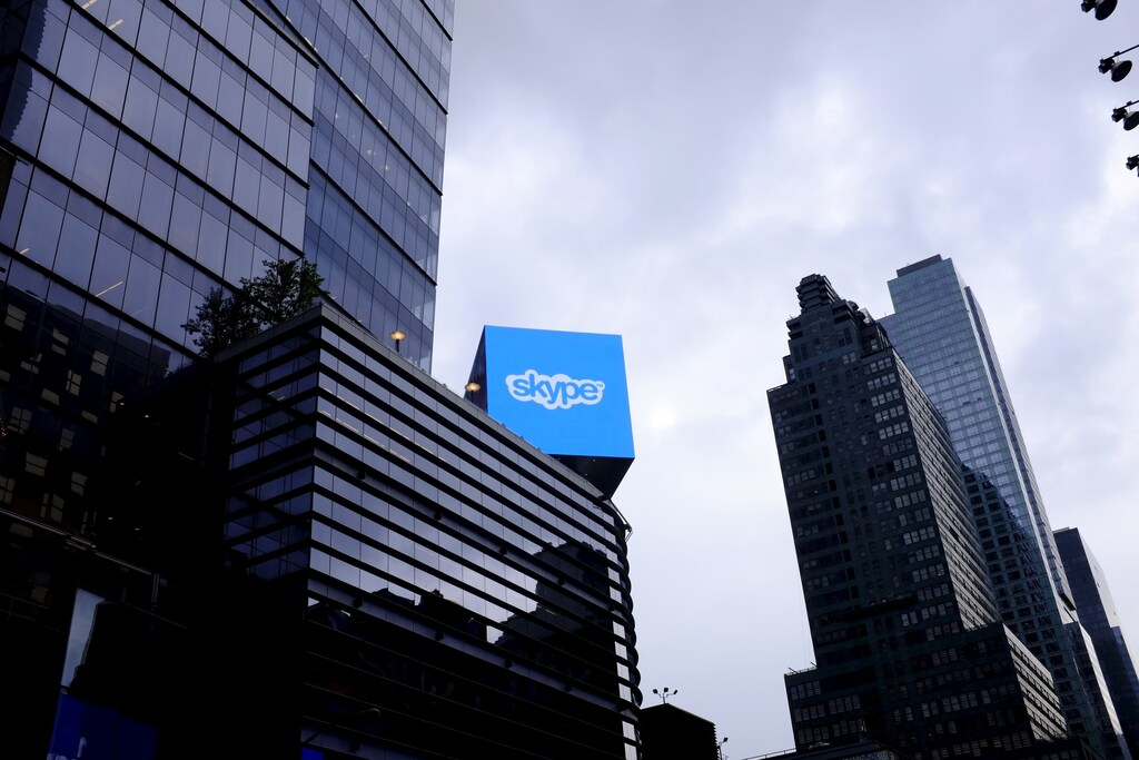 An advertisement for Skype over 42nd Street in Manhattan, New York.