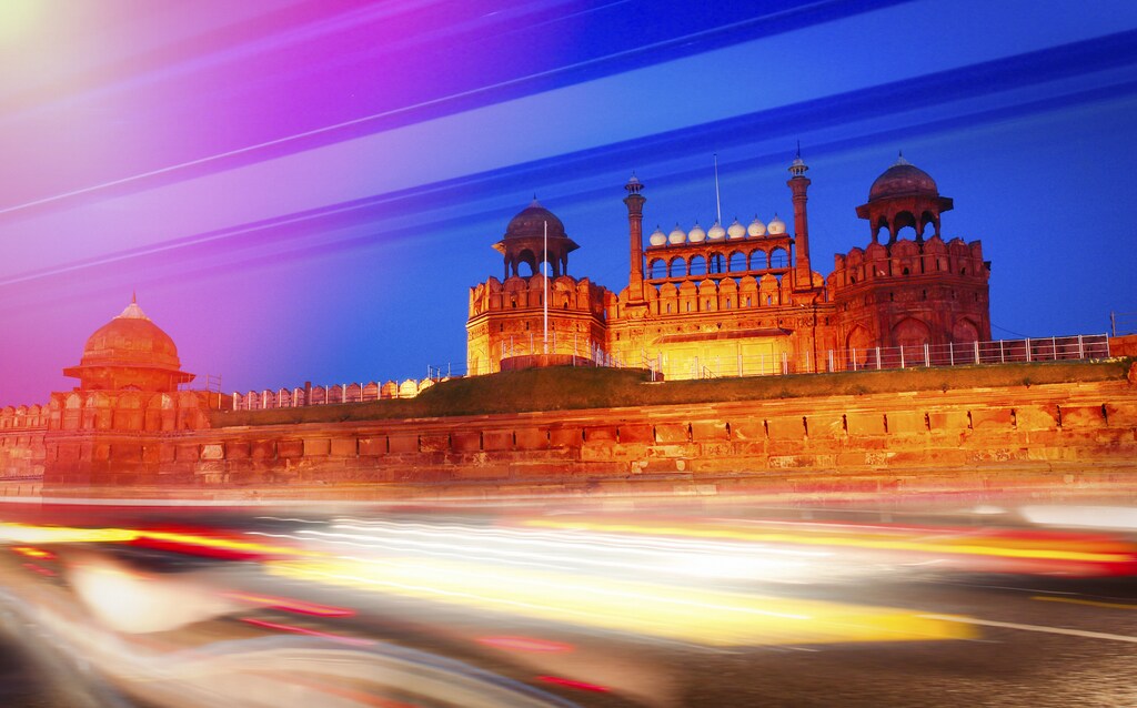 A view of the Red Fort in Delhi, capital of India, by night.