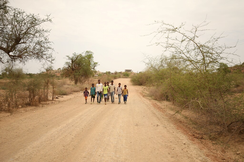 Students walk home from school in the outskirts of Badme, territorial dispute town between Eritrea and Ethiopia currently occupied by Ethiopia, June 8, 2018. Picture taken June 8, 2018. REUTERS/Tiksa Negeri - RC1445342050