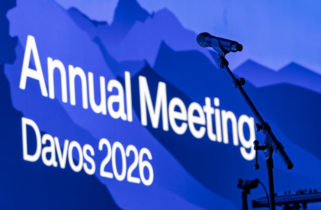 Microphone stand on stage in the Congress Hall at the World Economic Forum Annual Meeting 2026 in Davos-Klosters, Switzerland.