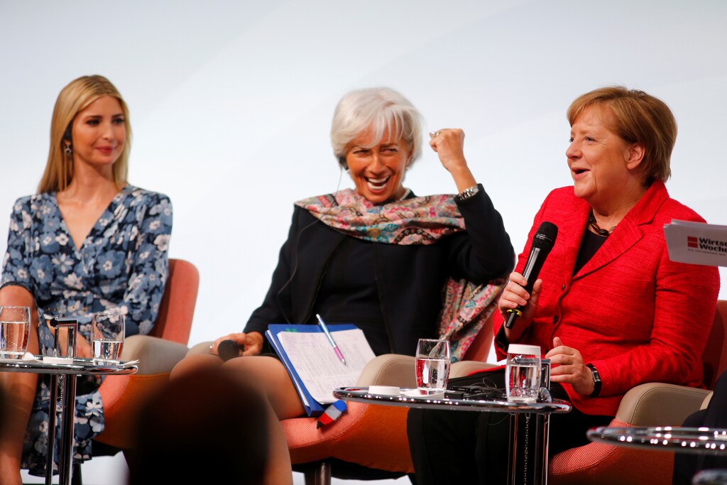 Daughter of U.S. President Ivanka Trump, Christine Lagarde, Managing Director, International Monetary Fund and German Chancellor Angela Merkel attend the W20 Summit under the motto "Inspiring women: scaling up women's entrepreneurship" in Berlin, Germany, April 25, 2017. REUTERS/Hannibal Hanschke - RTS13TXW