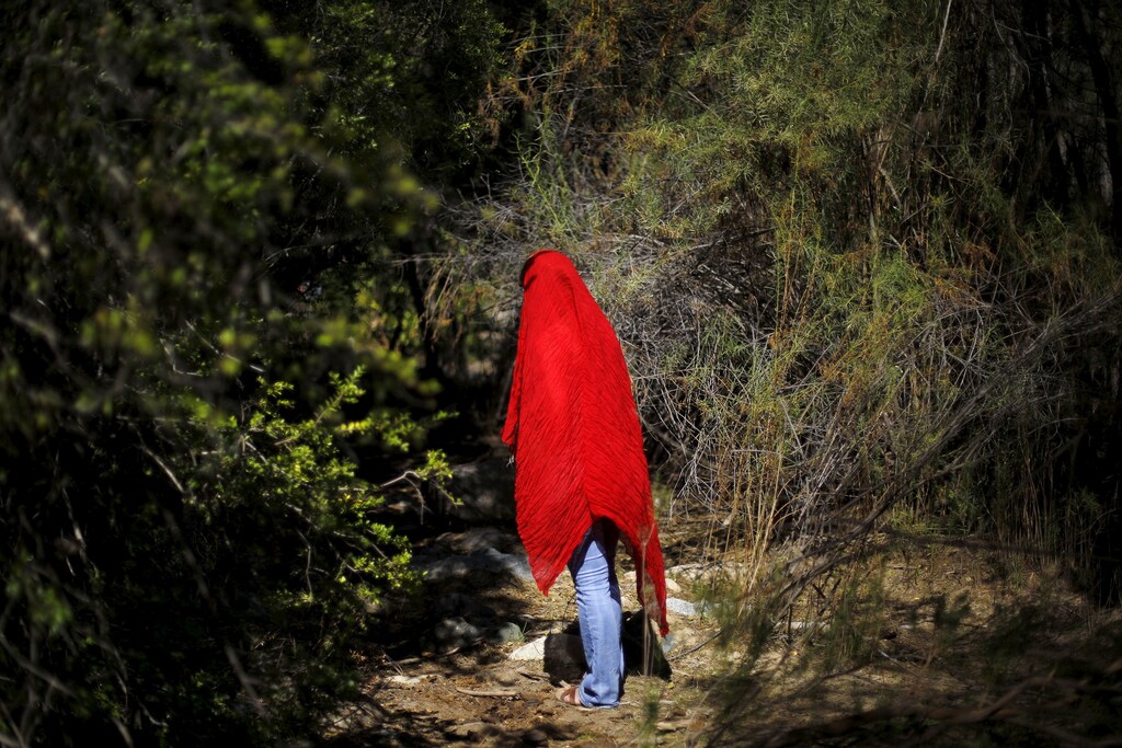 A human rights activist walks through a native forest at the Pupio estuary in the middle of the road between a waste deposit tank of Los Pelambres mine and Caimanes town at the El Mauro valley, April 1, 2015.