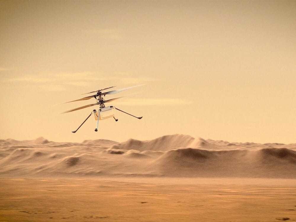 An artist's concept of NASA's Ingenuity Mars helicopter flying through the Martian skies.