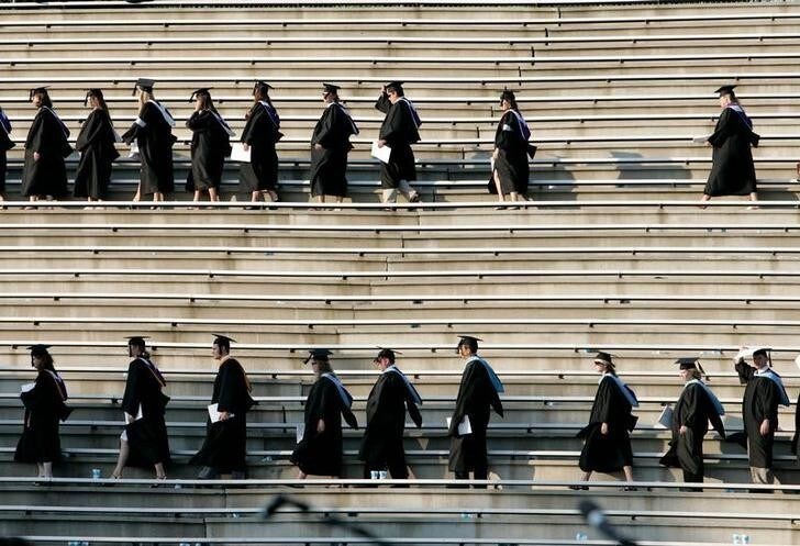 Graduating students enter the Paladin stadium before U.S. President George W. Bush watches them during the commencement ceremony at Furman University in Greenville, South Carolina May 31, 2008. REUTERS/Larry Downing (UNITED STATES)