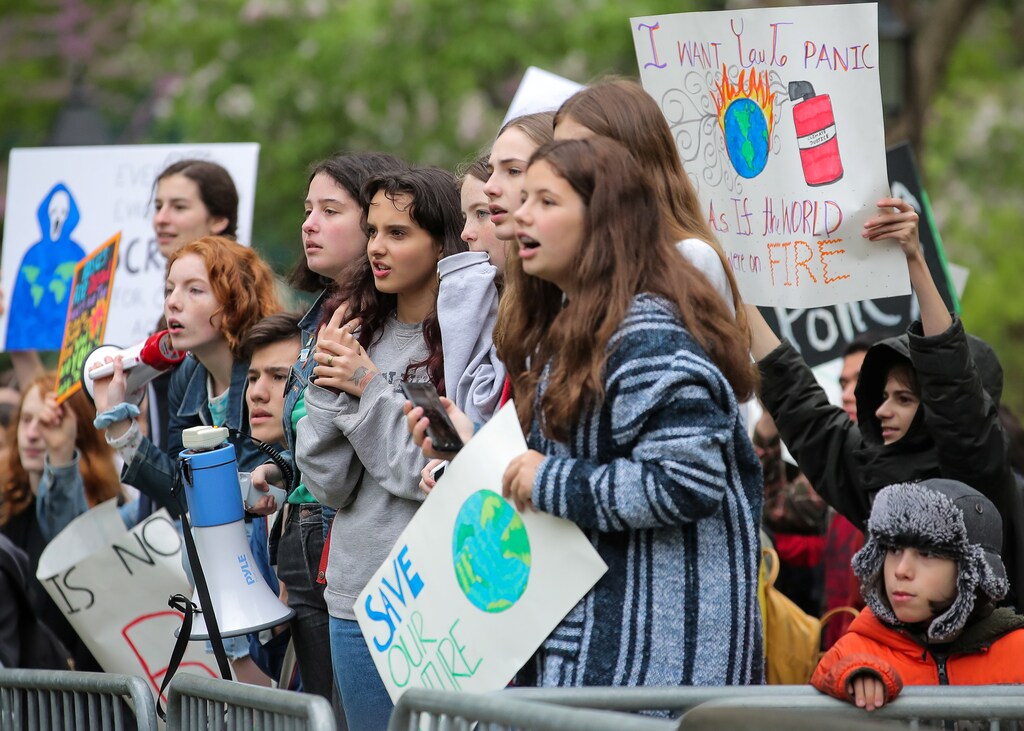 Students attend a protest to call for urgent action to slow the pace of climate change in New York, U.S., May 3, 2019