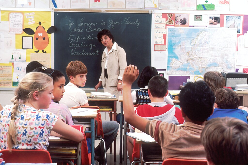 Teacher at the blackboard with a class of children.