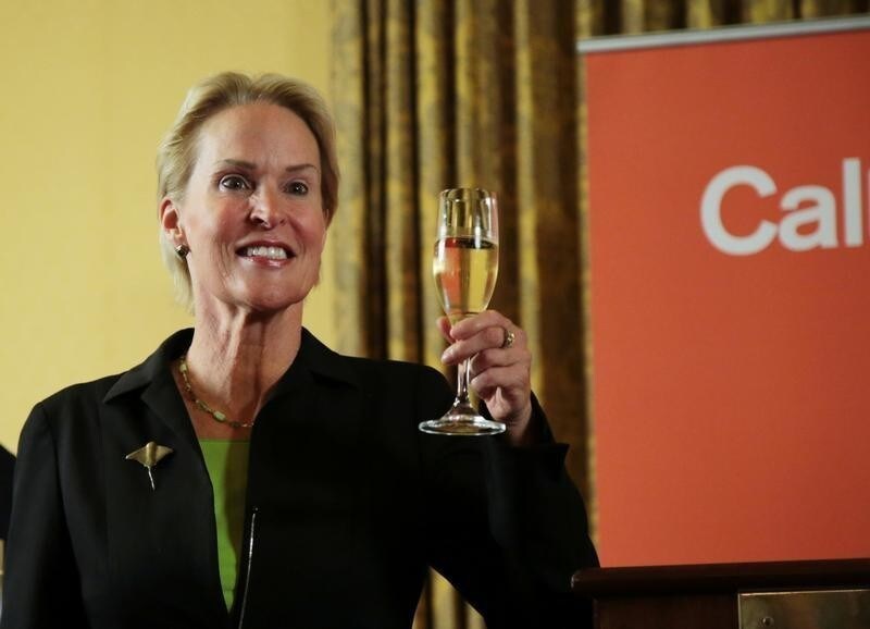 Frances Arnold, winner of the 2018 Nobel Prize in Chemistry, celebrates during a news conference at California Institute of Technology (Caltech) in Pasadena, California, U.S., October 3, 2018.
