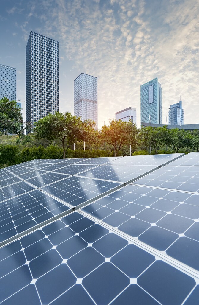 Solar Power Plant in modern city,Sustainable Renewable Energy.