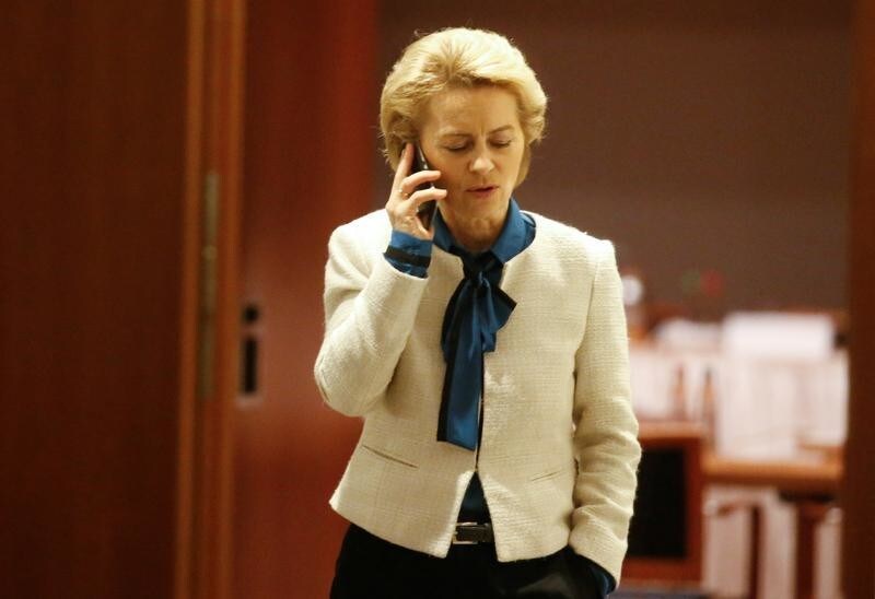 Ursula von der Leyen of the Christian Democratic Union (CDU) speaks on the phone during exploratory talks about forming a new coalition government in Berlin, Germany, November 19, 2017. REUTERS/Axel Schmidt - RC141343EE50