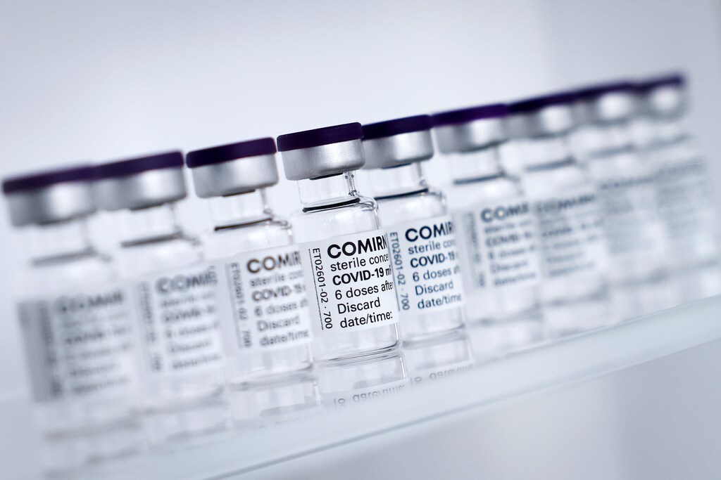 Empty vials of Pfizer/BioNTech's Comirnaty vaccine.