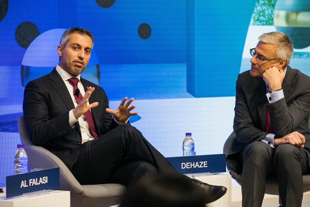 Ahmad bin Abdullah Humaid Belhoul Al Falasi, Minister of State for Higher Education and Advanced Skills of the United Arab Emirates and Alain Dehaze, Chief Executive Officer, Adecco Group, Switzerland speaking during the during the Session: "Conversations on Leadership 4.0" at the World Economic Forum - Annual Meeting of the New Champions in Dalian, People's Republic of China, July 1, 2019. Copyright by World Economic Forum / Jakob Polacsek