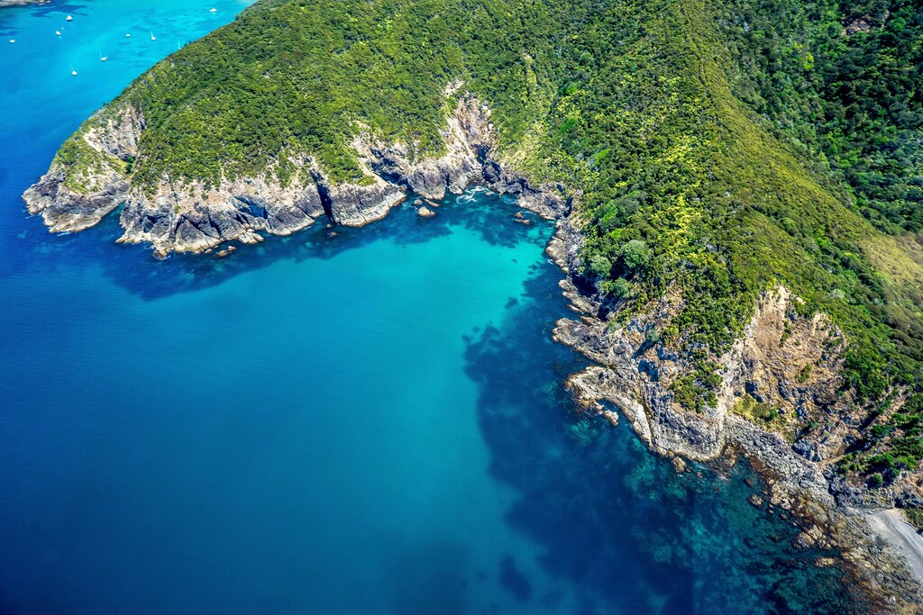 An aerial view of a coastal part of New Zealand.