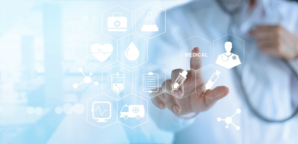 A doctor touching a white medical icon on a virtual screen, a health technology network concept