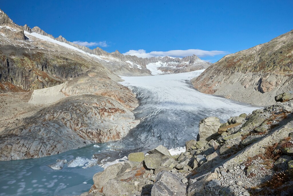 The Rhone glacier and the source of the Rhone river are seen on an autumn day in Obergoms, Switzerland.