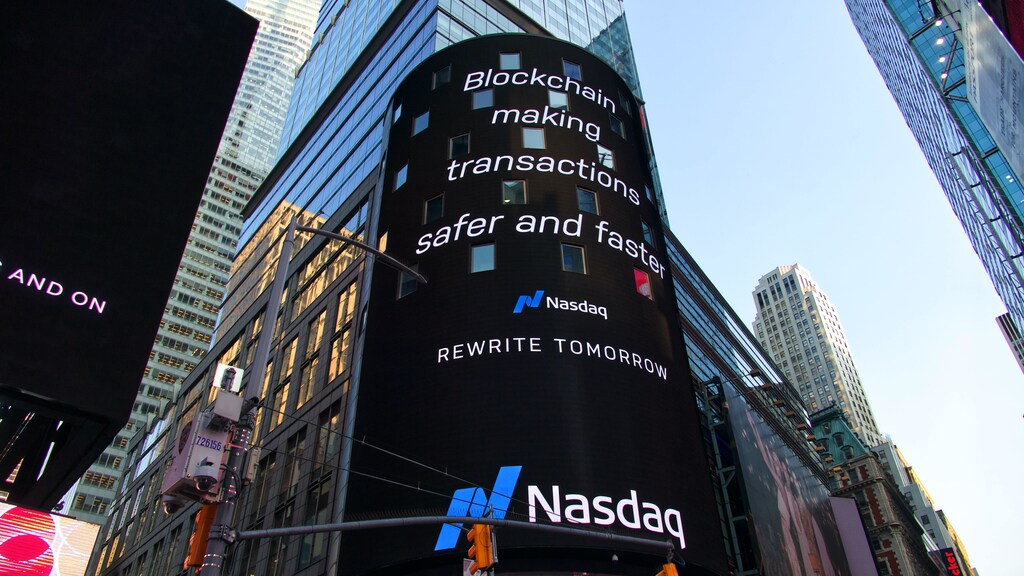 a sign advertising blockchain
