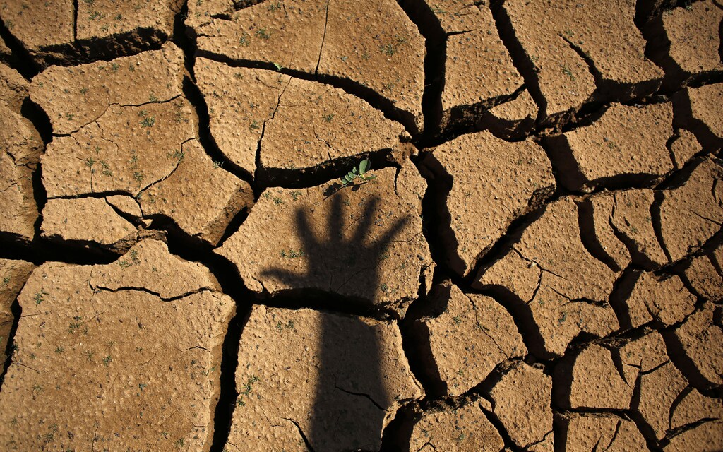 The shadow of a hand is seen on the cracked ground of Jaguary dam during a long drought period that hit the state of Sao Paulo in Braganca Paulista, 100 km from Sao Paulo January 31, 2014. This has been the hottest January on record in parts of Brazil, and the heat plus a severe drought has fanned fears of water shortages, crop damage, and higher electricity bills that could drag down the economy during an election year for President Dilma Rousseff. REUTERS/Nacho Doce (BRAZIL - Tags: ENVIRONMENT ENERGY POLITICS) - GM1EA21078A01