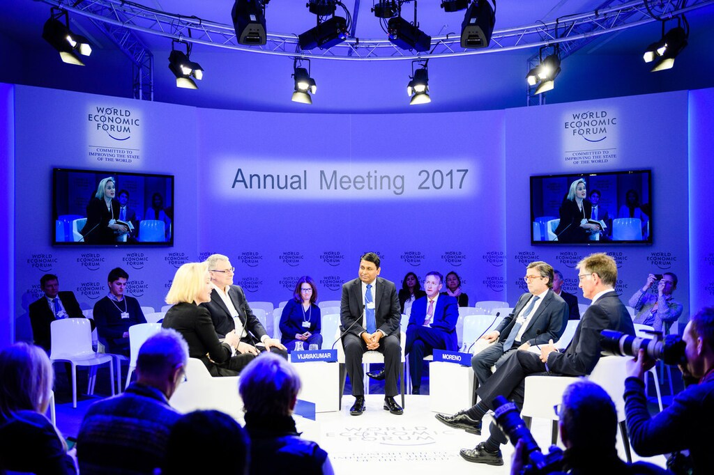 Alain Dehaze, Chief Executive Officer, Adecco Group, Switzerland, Philip J. Jennings, General Secretary, UNI Global Union, Switzerland, Luis Alberto Moreno, President, Inter-American Development Bank, Washington DC, C. Vijayakumar, President and Chief Executive Officer, HCL Technologies, USA, Megan Murphy, Editor, Bloomberg Businessweek, USA and Adrian Monck, Head of Public Engagement and Foundations, Member of the Managing Board, World Economic Forum at the Annual Meeting 2017 of the World Economic Forum in Davos, January 17, 2017Copyright by World Economic Forum / Manuel Lopez