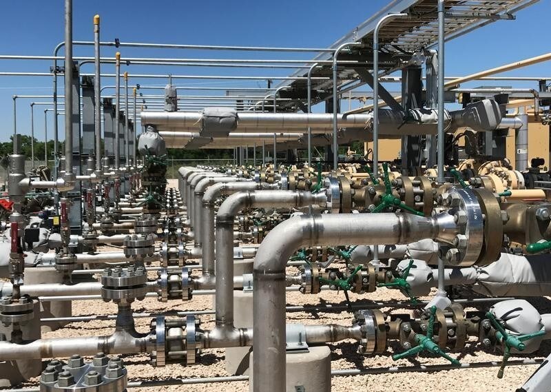 Equipment used to process carbon dioxide, crude oil and water is seen at an Occidental Petroleum Corp enhanced oil recovery project in Hobbs, New Mexico, U.S. on May 3, 2017. Picture taken on May 3, 2017. REUTERS/Ernest Scheyder - RC1C16C2A030