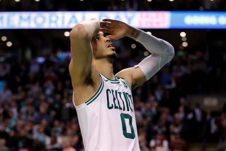 May 27, 2018; Boston, MA, USA; Boston Celtics forward Jayson Tatum (0) reacts after missing a shot against the Cleveland Cavaliers during the fourth quarter in game seven of the Eastern conference finals of the 2018 NBA Playoffs at TD Garden. Mandatory Credit: David Butler II-USA TODAY Sports