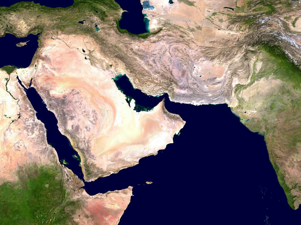 A satellite image of the Middle East, highlighting the GCC region and its urban and environmental landscapes.