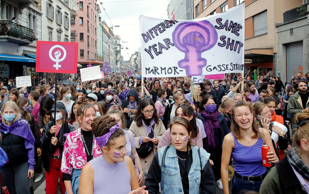 Swiss women march to demand more equality and the end of violence against women during a demonstration, amid the coronavirus disease (COVID-19) outbreak, in Zurich, Switzerland June 14, 2020.