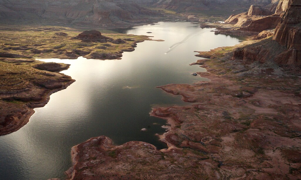 Huge areas of dry ground that would be underwater when the lake is full are seen at Lake Powell near Page, Arizona.